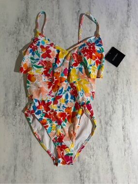 Ellen Tracy Cute Warm Bright Floral Ruffle Modest Feminine One-Piece Swimsuit 6